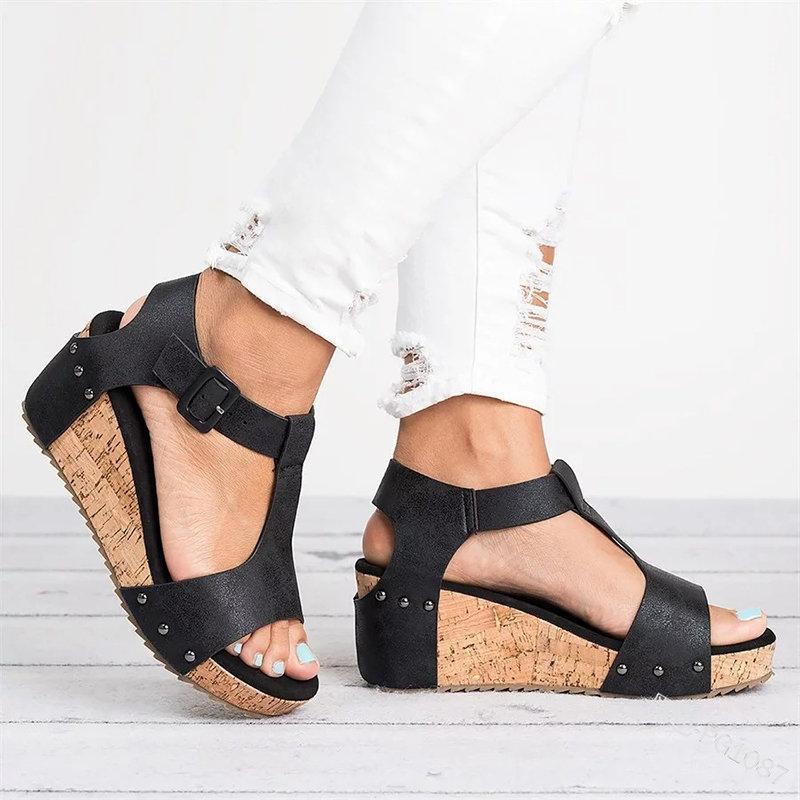 Peep Toe Buckle Strap Wedge Heel Sandals