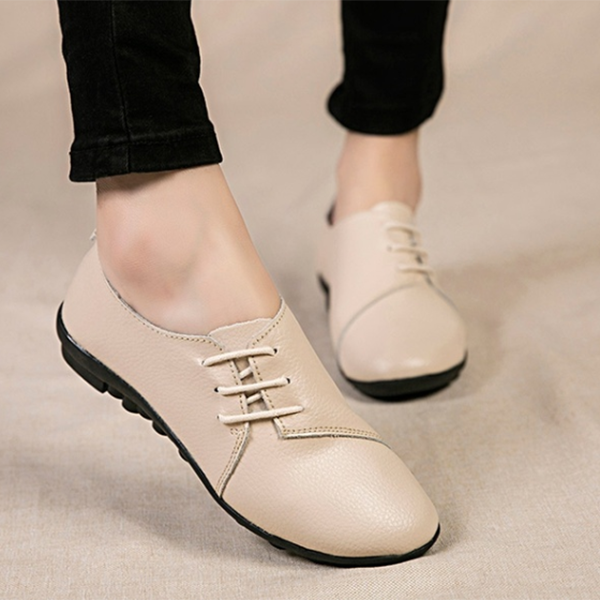 Women Faux Leather Shoes Lace Up Decor Flat Heel Loafers