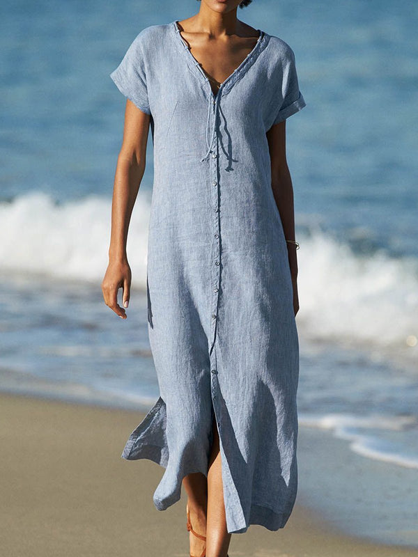 V Neck Women Dresses Beach Linen Paneled Dresses