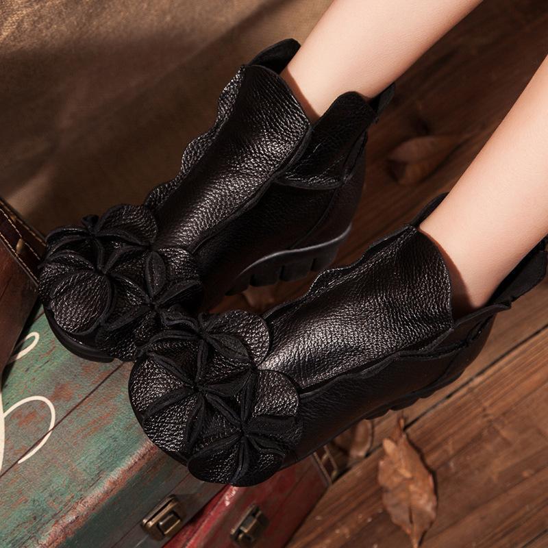 Wo'men Flower Soft Leather Vintage Zipper Flat Ankle Boots